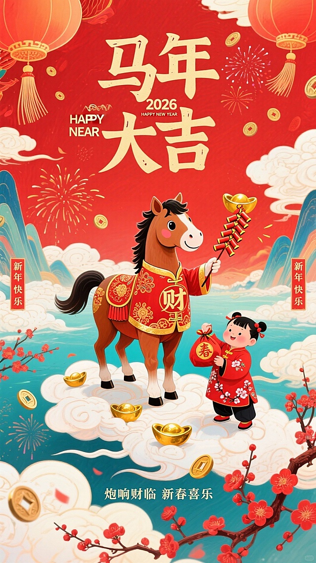 国潮风插画，拟人化骏马穿红衣持鞭炮，童子捧福袋，剪纸风云纹与鎏金元宝点缀，喜庆卡通感十足，寓意2026马年大吉。