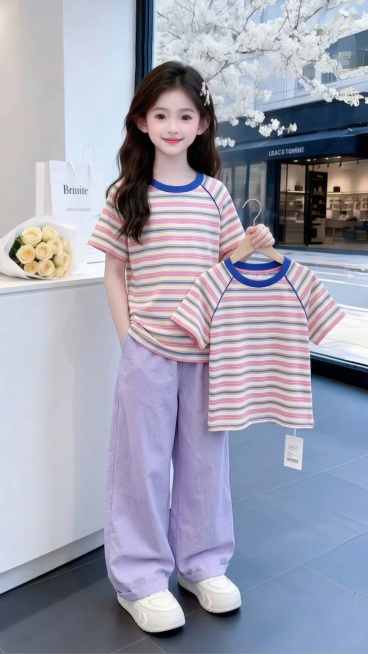 用图1短袖和裤子替换掉图2的模特身上穿的衣服裤子和模特手里衣架上挂着的衣服，保留原场景光影，保持图2的人物的五官和发饰不变，姿势不变，拍摄角度不变，模特的朝向不变，背景不变，图片宽高尺寸不变，保持图预览效果