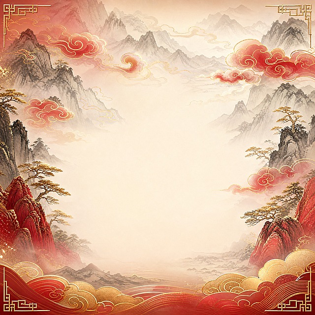 [单张主图背景] 国潮风格护肤品电商主图背景图，画面中央及中下区域预留大面积干净留白，用于后续放置护肤品产品瓶罐，留白区域平整无干扰元素。
[统一基调] 国潮东方美学，中国红与鎏金为主色调，搭配水墨山水与祥云元素，整体高级、干净、富有立体感与层次感，商业摄影级3D渲染质感。
[画面构图] 采用中轴诗意氛围型版式，画面中央及中下40%-55%区域为纯净留白产品放置区，背景元素沿画面四周与上下分布，不侵入中心留白。顶部以淡墨晕染的远山轮廓铺展，山间缠绕鎏金描边的祥云，祥云由疏到密向两侧飘散；左右两侧以写意水墨山水笔触点缀，近处有淡红色山石与金色松枝剪影，远处山峦层层叠叠呈现深浅墨色递进；底部以鎏金祥云纹与水波纹样做轻量装饰承托，形成上虚下实的稳定构图。画面四角点缀少量金色回纹、云纹等传统纹样细节，精致不抢眼。
[元素细节] 水墨山水采用宋代山水意境，笔触苍劲有力又不失柔美，墨色有浓淡干湿变化；祥云为典型中式如意云纹，以鎏金细线勾勒轮廓，内部填充半透明正红色渐变，云头饱满圆润；金色元素呈现哑光与亮面结合的金属质感，有细腻的金箔颗粒纹理，光线照射下有微妙反光。
[光影质感] 柔光箱均匀布光，主光从左上45度斜射，在祥云边缘与山水轮廓处形成柔和高光，底部有轻微环境光反射，整体光影通透干净；背景元素有前后景深层次，远山虚化、近山清晰，祥云有漂浮感与体积感，营造立体空间深度；留白区域光线均匀柔和，适合产品后期合成。
[配色] 主色为中国正红（朱红/深红渐变），辅助色为鎏金色（暖金/赤金），点缀色为墨黑、浅灰、米白；红色以渐变和晕染形式呈现，避免大面积纯色导致压抑；金色用于线条勾勒、祥云描边、纹样细节，提升高级感；整体色调浓郁但不艳俗，华贵典雅。
[留白区域] 画面正中央至中下位置为完整留白区，约占画面45%-55%面积，底色为柔和的浅红渐变或米白暖调，干净无杂物，边缘与背景元素自然过渡，确保后续放置护肤品产品时融合自然。
[输出要求] 比例1:1，2K分辨率，画面清晰锐利，细节丰富，无文字、无Logo、无水印、无产品占位符；负向：变形、模糊、杂乱、水印、平台Logo、文字、人物、低清晰度、色彩溢出、留白区有干扰元素。