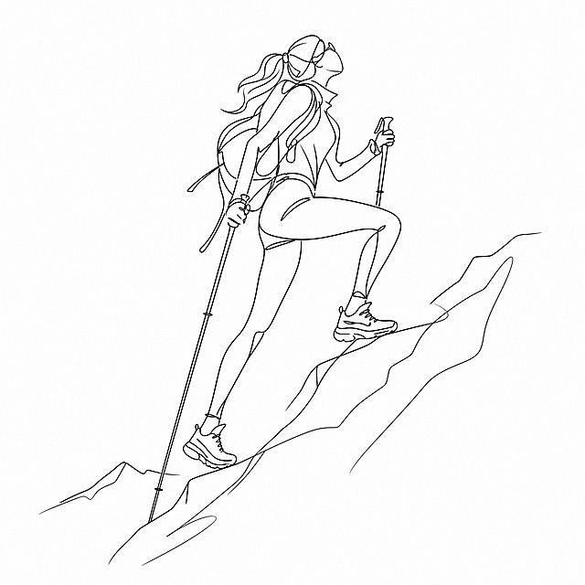 抽象线条高度概括风格年轻女性登山者，修长人物比例，极简线条艺术，大透视角度，强烈视觉张力，登山穿搭，身穿速干衣和leggings，脚穿登山鞋，手持登山杖，攀登姿势，用极少的流畅线条高度概括人物形态，白色背景，纯线条艺术无填充，矢量风格，概括细节，现代简约艺术感，全身像