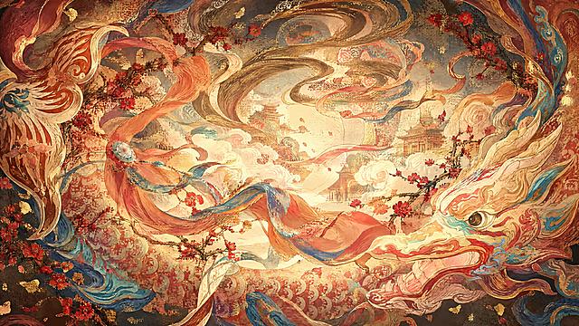 参考图片的敦煌国风华丽风格，重新生成一张特别华丽的背景图，保留原有的暖金、朱红、靛蓝配色，保留敦煌传统纹样、祥云、飘带、梅花枝、龙纹鳞片等华丽装饰元素，整体画面繁复精美，充满东方古典神话的华丽氛围感，细腻的工笔重彩画风，金箔描边质感，流光溢彩，雍容华贵，不要人物
