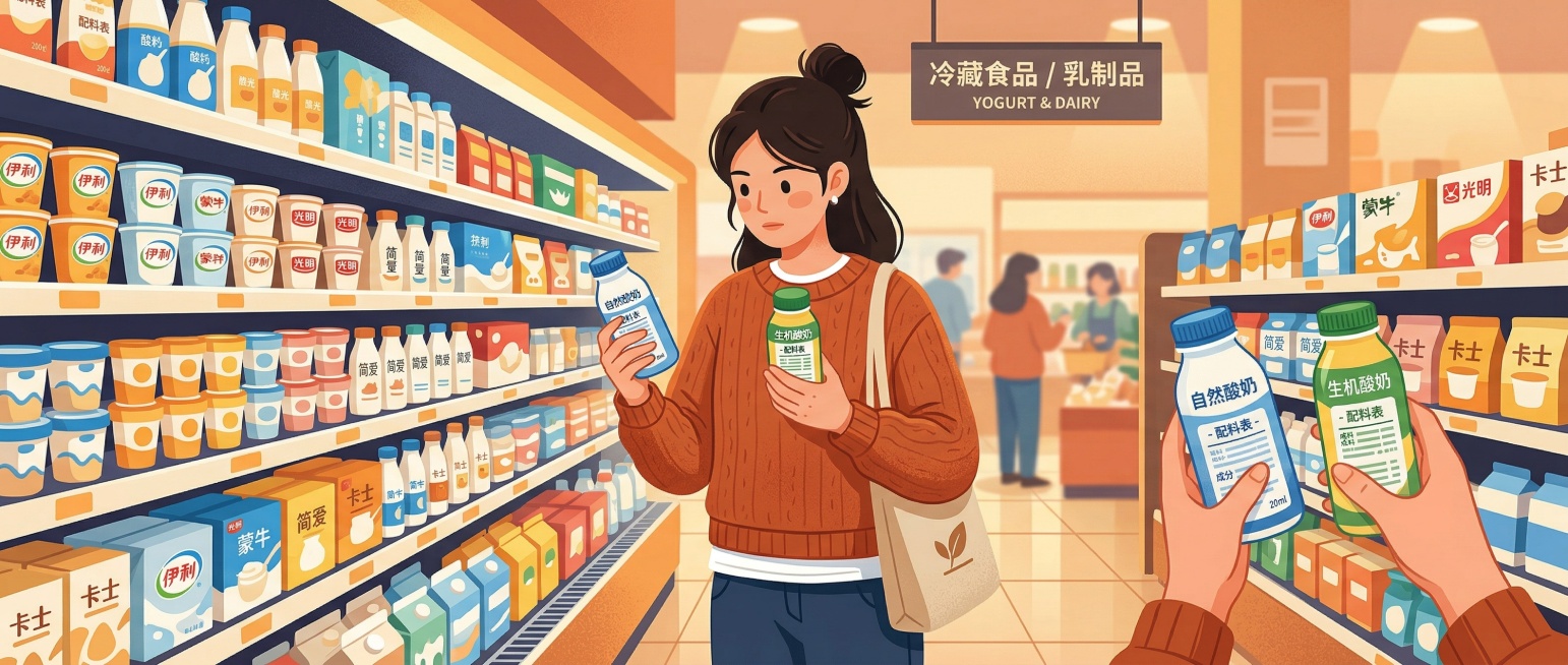 一位年轻女性在超市货架前，拿着两瓶酸奶对比配料表，表情认真，背景为暖色调的超市环境，扁平插画风格预览效果