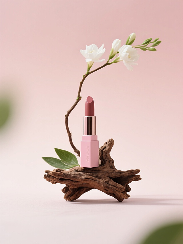 以渐变浅粉色为背景，用造型古朴的枯木作为主体架构，嵌入粉色外壳口红，搭配带白色花朵、绿叶的弯曲花枝