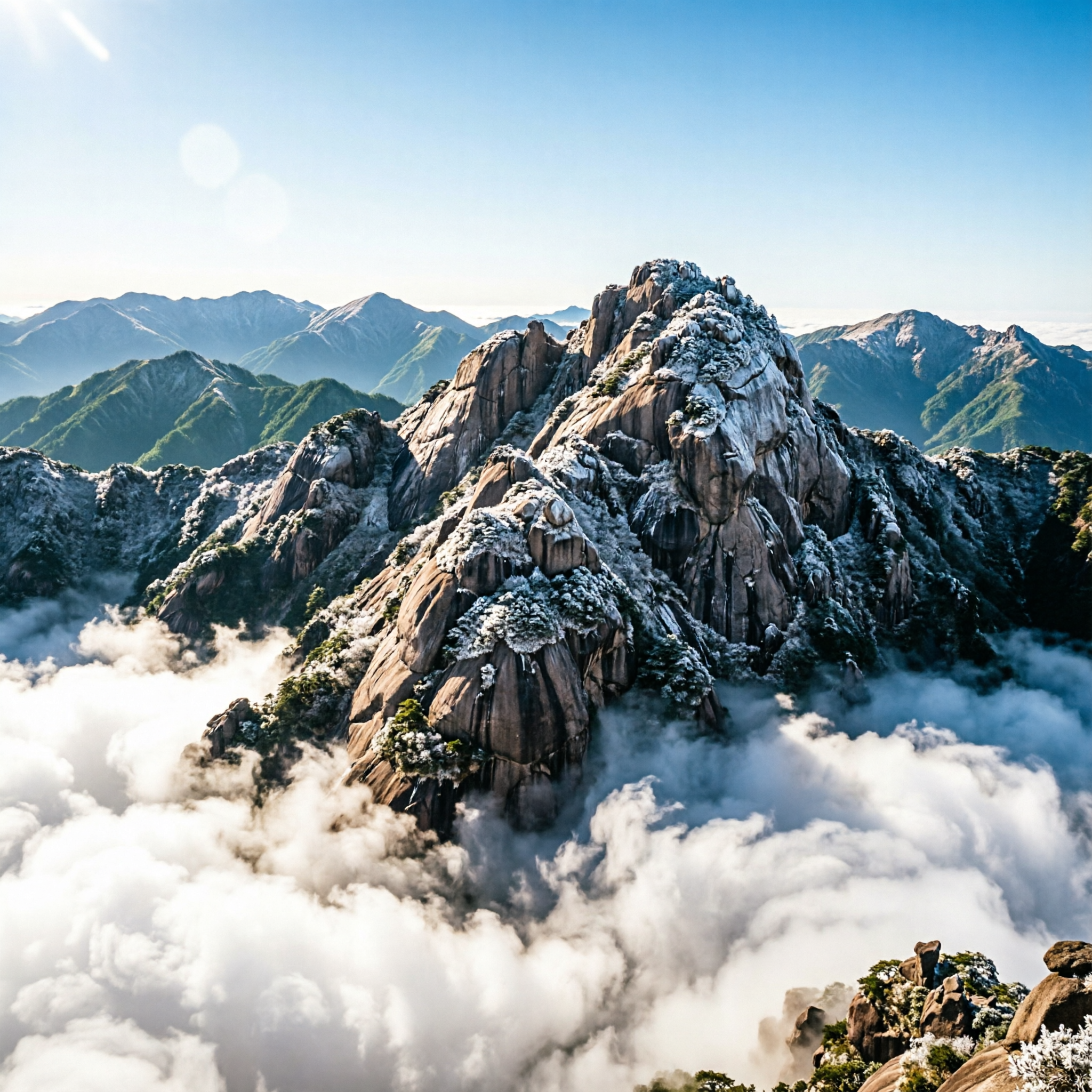 山巅风景，壮丽的山峰顶端，云海翻涌，阳光洒在山脊上，远处群山连… - 图片创意预览