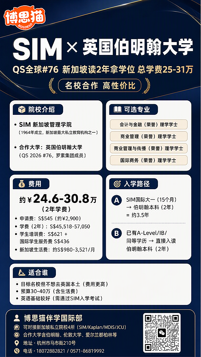 深蓝高端商务风留学招生海报，竖版9:16。深藏青#101127深蓝渐变背景，几何斜切分割，米金色关键词高亮，细发光线条装饰，专业高端质感。左上角放置【图1】博思猫BOSIMAO橙色logo。

主标题区（上部）：超大粗体白字主标题"SIM × 英国伯明翰大学"，下方米金色副标题"QS全球#76 新加坡读2年拿学位 总学费25-31万"，配"名校合作 高性价比"标签。

中部信息区（分模块圆角白底卡片，深蓝标题栏）：
【院校介绍模块】标题"📦 院校介绍"，内容："SIM 新加坡管理学院（1964年成立，新加坡最大私立教育机构之一）"，"合作大学：英国伯明翰大学（QS 2026 #76，罗素集团成员）"

【可选专业模块】标题"📖 可选专业"，4个专业标签："会计与金融（荣誉）理学学士""商业管理（荣誉）理学学士""商业管理与传播（荣誉）理学学士""国际商务（荣誉）理学学士"

【费用模块】标题"💰 费用"，超大号突出数字"约¥24.6-30.8万（2年学费）"，列表："申请费：S$545（约¥2,900）"，"学费（2年）：S$45,518-57,050"，"学生培训费：S$621 + 国际学生服务费 S$436"，"新加坡生活费：约S$980-3,521/月"

【入学路径模块】标题"🎯 入学路径"，路径A："SIM国际大一（15个月）→ 伯明翰本科（2年）= 约3.5年"，路径B："已有A-Level/IB/同等学历 → 直接入读伯明翰本科（2年）"

【适合谁模块】标题"📐 适合谁"，列表："目标名校但不想去英国本土（费用更高）"，"预算30-40万（含生活费）"，"英语基础较好（需通过SIM入学考试）"

底部区域（深蓝底栏）：右侧放置【图2】微信二维码，左侧联系方式："博思猫伴学国际部"，"可对接新加坡私立院校4所（SIM/Kaplan/MDIS/JCU）"，"合作大学含伯明翰、伦敦大学、爱尔兰都柏林等"，"地址·杭州市马市街210号"，"电话·18072882821 / 0571-86819992"

版式精美，层级分明，所有信息卡片填充完整内容，无空白占位。画面中所有数字必须精确渲染，不得错位、遗漏或编造。