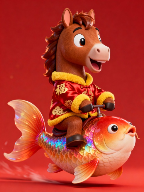 主体是Q版棕褐色骏马穿着喜庆的春节中式小棉袄，坐在一条胖嘟嘟的锦鲤上，动态感，红色背景，《茶杯头》卡通动画画风的3D预览效果