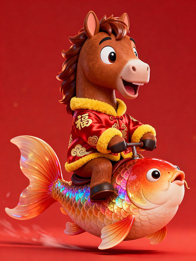 软3D风拟人马穿国潮红袍骑锦鲤，喜庆卡通感十足，粒子光效点缀，尽显春节吉祥氛围。