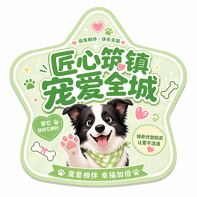 平阳萌宠活动主题异形贴纸，中心放置卡通边牧，边缘异形抠图贴合星星轮廓，圆润大字主标题"匠心筑镇 宠爱全城"，整体马卡龙浅绿色系，边角点缀骨头、爪印、爱心装饰，清新活力风格