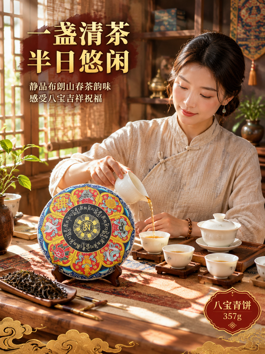[商品] 使用【图1】八宝青饼普洱生茶茶饼；保留饼面藏式八宝纹… - 图片创意预览