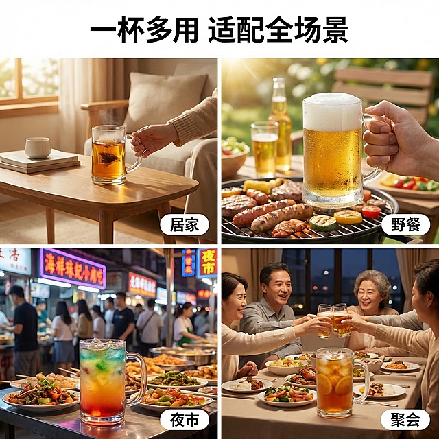 [垫图] https://gdesign-dam-hz.dancf.com/35849902973504620/126f97c28328499b9bd1640801bed898.jpg
[主图主题] 多场景适用展示
[氛围/风格] 多样真实场景，自然生活感，重新组合场景生成
[画面元素] 四宫格构图，分别展示玻璃啤酒杯在四个场景的使用：居家客厅喝茶、夏日烧烤摊喝啤酒、夜市大排档盛装饮品、家庭聚餐冰镇饮料，杯子外观和原图保持一致，每个场景光影统一，呈现自然真实的使用状态
[配色色系] 每个场景保留自身色调，整体统一暖调氛围感
[视角构图] 四宫格等分构图，每个场景一张实拍图，清晰展示多场景适配性
[文字版式] 顶部主标题 " 一杯多用 适配全场景 "，每个宫格右下角标注场景名称："居家"、"野餐"、"夜市"、"聚会"，白色圆角小字标签，清晰易读