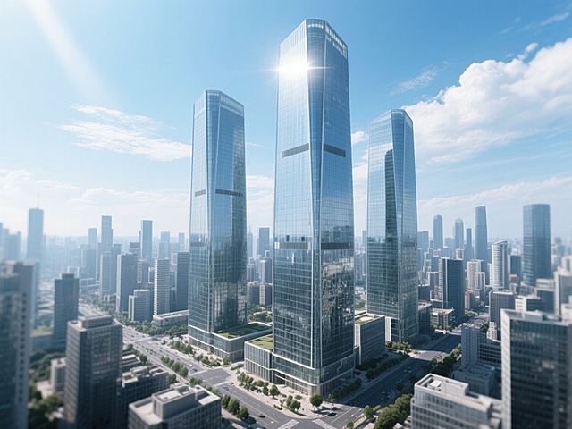 超写实建筑渲染，三座高耸入云的现代玻璃幕墙摩天大楼矗立在城市中心，建筑表面呈现出冷冽的金属光泽与透明玻璃的反光质感，周围环绕着密集的中低层建筑群，整体构图采用大气的城市鸟瞰视角，视角略微仰视以突出高楼的宏伟感，画面边缘有自然的景深模糊效果。主色调为清澈的蔚蓝色天空，点缀着轻薄的白色云层，阳光从斜上方照射，在建筑表面形成明亮的高光与清晰的阴影，营造出晴朗、开阔、充满现代都市活力的氛围。环境改为繁华的都市CBD核心区，高楼林立，道路纵横，展现出高度发达的城市天际线景观，光影效果强调立体感与空间层次，整体风格保持专业级建筑效果图的精细度与真实感。