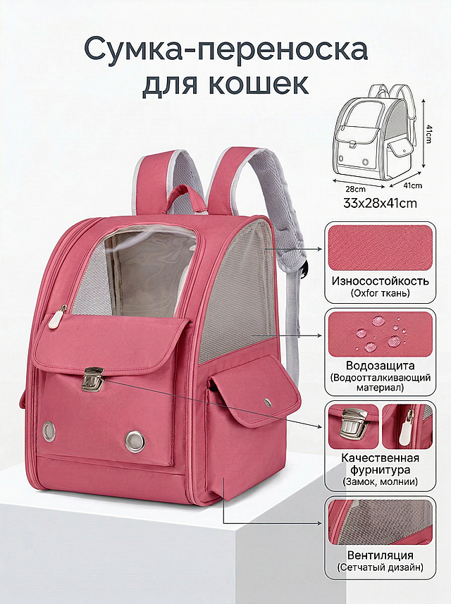 将原图中猫包的颜色替换为玫瑰粉，保留原图的所有文字标注、尺寸示意图、材质说明和整体布局不变，严格还原玫瑰粉外观