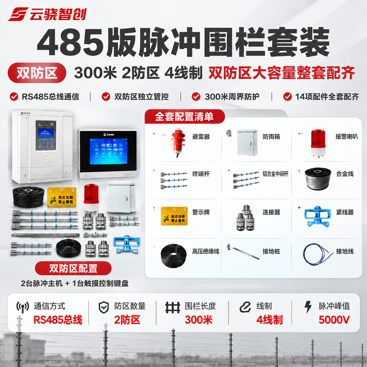 将这张485版300米2防区脉冲围栏套装主图的产品展示区（左侧… - 图片创意预览