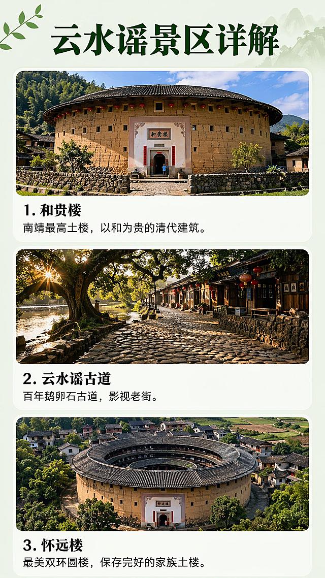 [第4屏] 详情页第四屏-云水谣景区三大景点详解。
[氛围/风格] 图文结合自然风，景点介绍清晰，实景搭配文字，富有代入感。
[元素布局] 顶部标题，下半部分分为三个景点模块，每个模块上方配对应景点小图，下方配文字介绍，三个模块纵向排列，布局平衡。
[光影质感] 实景图自然光影，文字区域亮度均匀，文字与背景对比清晰。
[配色色系] 全局底色 #F0F7EE，主色深绿色标题，图片自然色彩，黑色文字。
[视角构图] 竖版三模块纵向排版，从上到下逐景点阅读，模块间距适中。
[文字版式] 顶部主标题「云水谣景区详解」，三个景点分别为：1. 和贵楼：南靖最高土楼，以和为贵的清代建筑；2. 云水谣古道：百年鹅卵石古道，影视老街；3. 怀远楼：最美双环圆楼，保存完好的家族土楼。每个景点标题加粗，介绍文字简洁，字号适中，移动端清晰可读。
[比例分辨率] 9:16 竖版比例，4K 分辨率，文字清晰可辨，高清画质。
[负向提示词] 图片变形，文字错乱，文字过小，模块拥挤，水印，颜色偏差。
