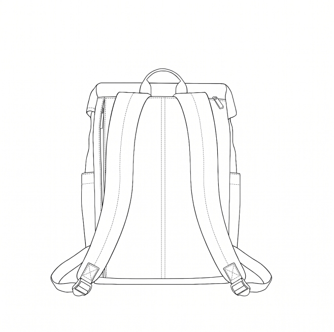生成上图背包背面的黑白线条稿图，外形严格依照原图，仅保留黑色线条，白色背景，保持线条粗细均匀一致，去掉绿色填充，画面无任何光影预览效果