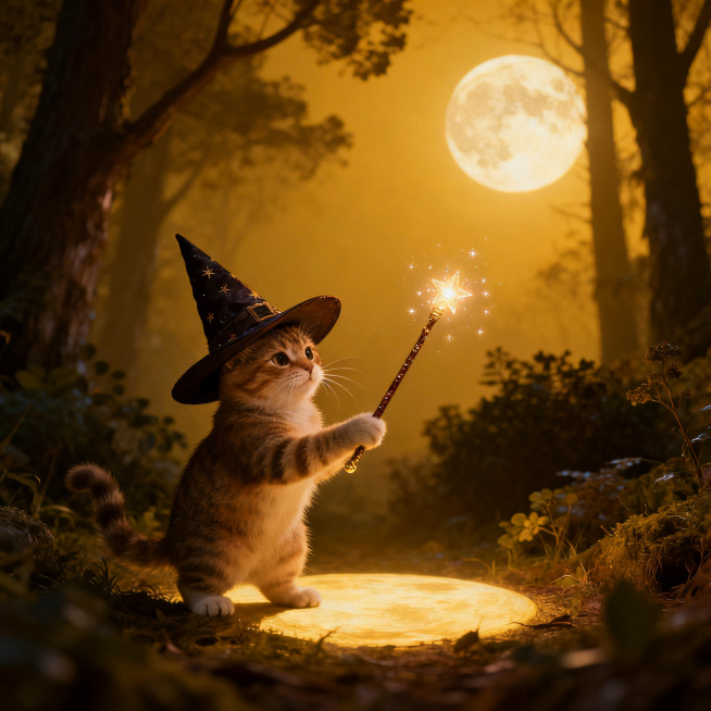童话故事风格，戴着魔法尖顶帽的小猫在月光下的森林里，挥舞着魔法棒，画面神秘梦幻预览效果