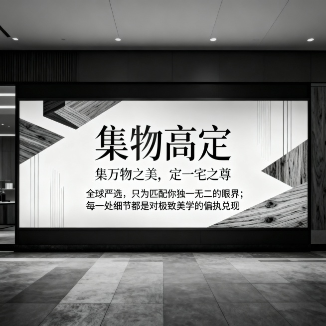 我要设计一块广告牌，大概尺寸高2.9米，宽5.3米，长方形从事全屋定制行业，品牌：集物高定，中高端定位。版面设计要求有艺术/高级感，以黑白灰色为主体色。主体广告语:集万物之美，定一宅之尊，辅助语:全球预览效果