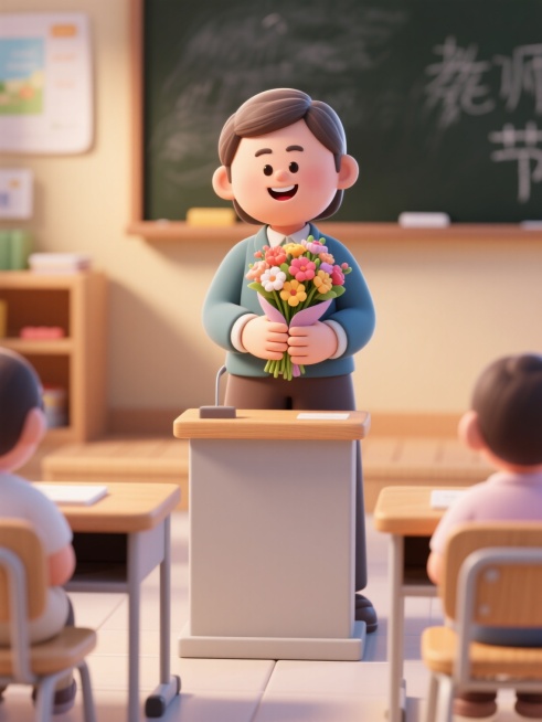 教师节场景，一位老师站在讲台上，面带微笑，手里捧着一束鲜花，讲台整洁，背景有黑板和学生座位，整体氛围温馨明亮，3d效果，8k超高清画质预览效果