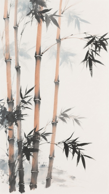 中国水墨画风格，以淡墨和浓墨交织的笔触描绘竹林局部，竹竿挺拔，竹叶形态各异，有的舒展有的微卷，水墨在宣纸上自然晕染形成淡雅的墨色层次，背景留白处有轻柔的墨痕和飞白，营造出空灵幽静的东方意境，变换色彩为淡赭石色与青灰色调，保持水墨的透明感和笔触的写意感，整体构图疏密有致，右下角和右上角各有一簇竹叶呼应，画面清新雅致富有禅意。预览效果