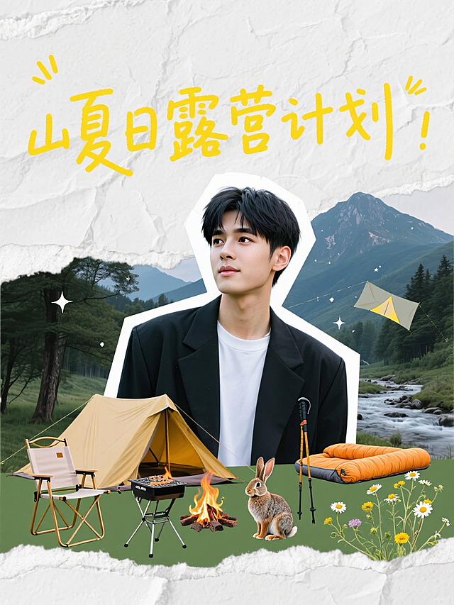 清新撕纸风设计，轻拟物元素点缀，夏日露营计划创意呈现。