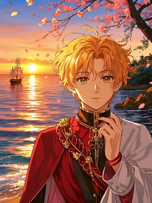 一位金色卷发的男孩，背景是海边，夕阳将海面染成金红色，碎浪卷着橙光涌向岸边预览效果