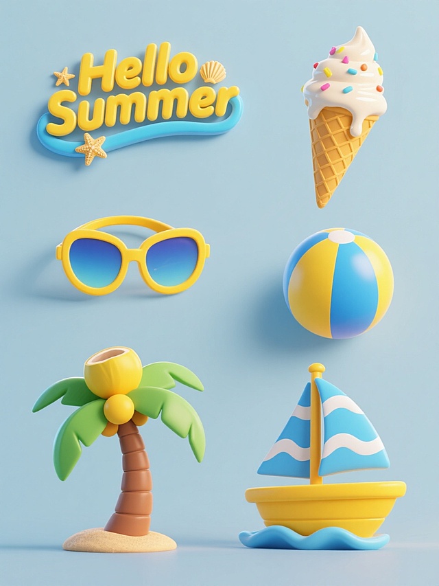 一组六个完全不同造型的立体风格夏日元素系列素材集合，规整排布在纯色背景上。每个元素均采用明亮的黄色和蓝色渐变色彩，具有光滑的3D质感和轻微的阴影效果，营造出欢快明亮的夏日氛围。元素包括：1. 立体波浪形"Hello Summer"艺术字，搭配小海星和贝壳装饰；2. 立体冰淇淋甜筒，顶部有融化的奶油和彩色糖粒；3. 立体太阳镜，镜片呈蓝色渐变，镜框有黄色装饰；4. 立体沙滩球，带有蓝黄相间的条纹图案；5. 立体椰子树，树干为棕色，树叶为绿色，顶部有黄色椰子；6. 立体帆船，船身为黄色，船帆为蓝色，带有白色波浪装饰。所有元素造型独特，保持统一的3D风格和夏日主题，整齐排列形成协调的系列设计。