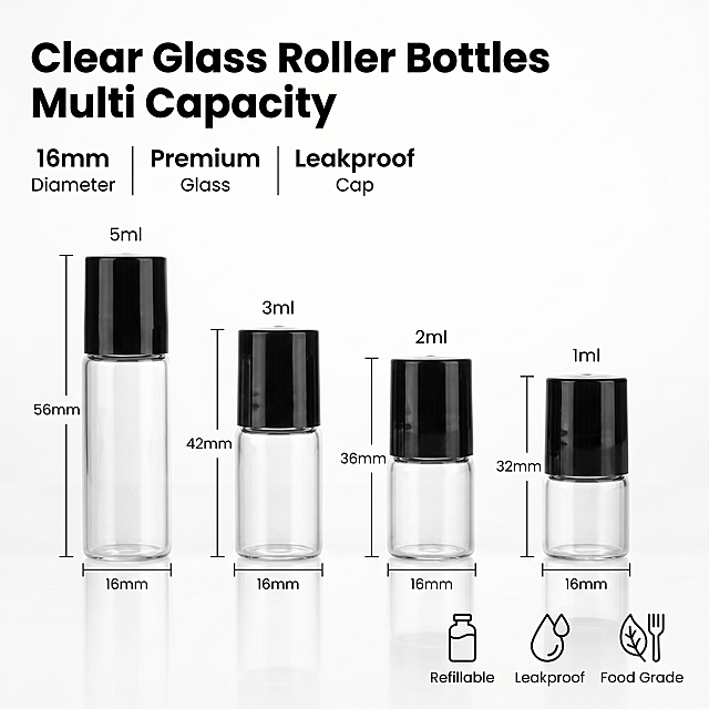 [Single main image] 1ml 2ml 3ml 5ml Empty Clear Glass Roller Bottles, HD square main image for Alibaba International. Keep bottles shape, material, size and color same as input: 4 transparent glass bottles with glossy black caps, arranged 5ml/3ml/2ml/1ml left to right with clear dimension labels. Parameter endorsement layout: top-left large bold English title, text "Clear Glass Roller Bottles Multi Capacity". Left 3 vertical parameter groups: 16mm Diameter, Premium Glass, Leakproof Cap. Bottom-right 3 line icons: Refillable, Leakproof, Food Grade. Pure white background, product occupies 70% of frame. Soft bright studio lighting, natural glass refraction and glossy cap reflections, clear details. All English text, pure black font, high contrast with background, comply with cross-border aesthetic. 1:1 2K resolution. Negative prompt: deformation, watermark, text disorder, blur, wrong size, Chinese characters