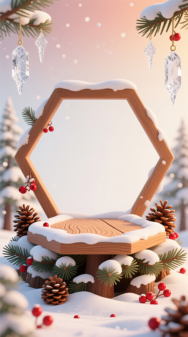 3D 卡通风格，六边形木质展示台架在积雪松枝堆上，台面覆薄雪带木纹肌理。周围散落挂雪的松塔、冰晶挂饰，点缀红果浆果，背景是暖白渐变天空，配色木棕 + 雪白 + 浅红，温馨森系，满是冬日自然质感。