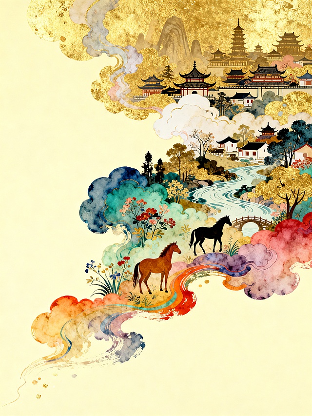 黄金分割比例的扁平插画，一幅大师级的作品，融合了极简主义与工笔画的精髓，采用金箔岩彩画的独特技法。画面从左下角向右上角延伸出一团五彩斑斓的抽象白云，云雾之中隐约可见大量中国古典建筑的剪影。笔刷质感细腻，晕染效果自然，颗粒感丰富，边缘柔和消散。整体色彩高饱和度，对比强烈，背景是浅黄色调，留白面积巨大。线条流畅，质感细腻，营造出唯美的意境。笔触清晰，浓淡相宜，采用矿物色染，不同色阶的色彩汇聚，描绘出花草树木、骏马、小桥流水、小村落，构成一幅世外桃源般的景象，与世隔绝，宛如绿野仙踪的仙境。极简风格下，大面积留白，营造出亦真亦幻，抽象梦幻般的超现实主义效果。非现实的梦幻笔触，不规则构图，展现出大师杰作的风范。高清画质，高分辨率，完美呈现每一处细节。