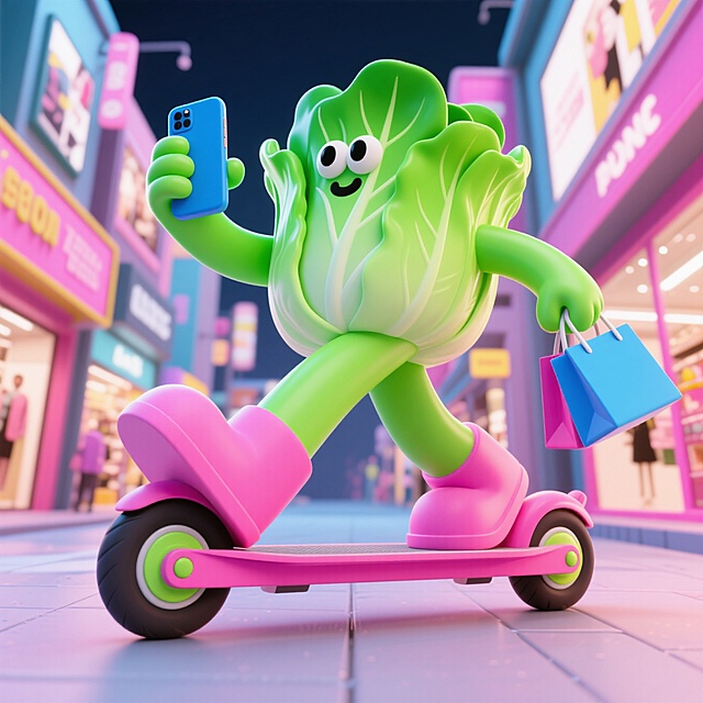 拟人化白菜骑粉色滑板车，手持手机与购物袋，穿梭于霓虹灯闪烁的潮流街区，融合3D风、卡通感与梦幻科技感，展现虚拟现实中的可爱时尚生活。
