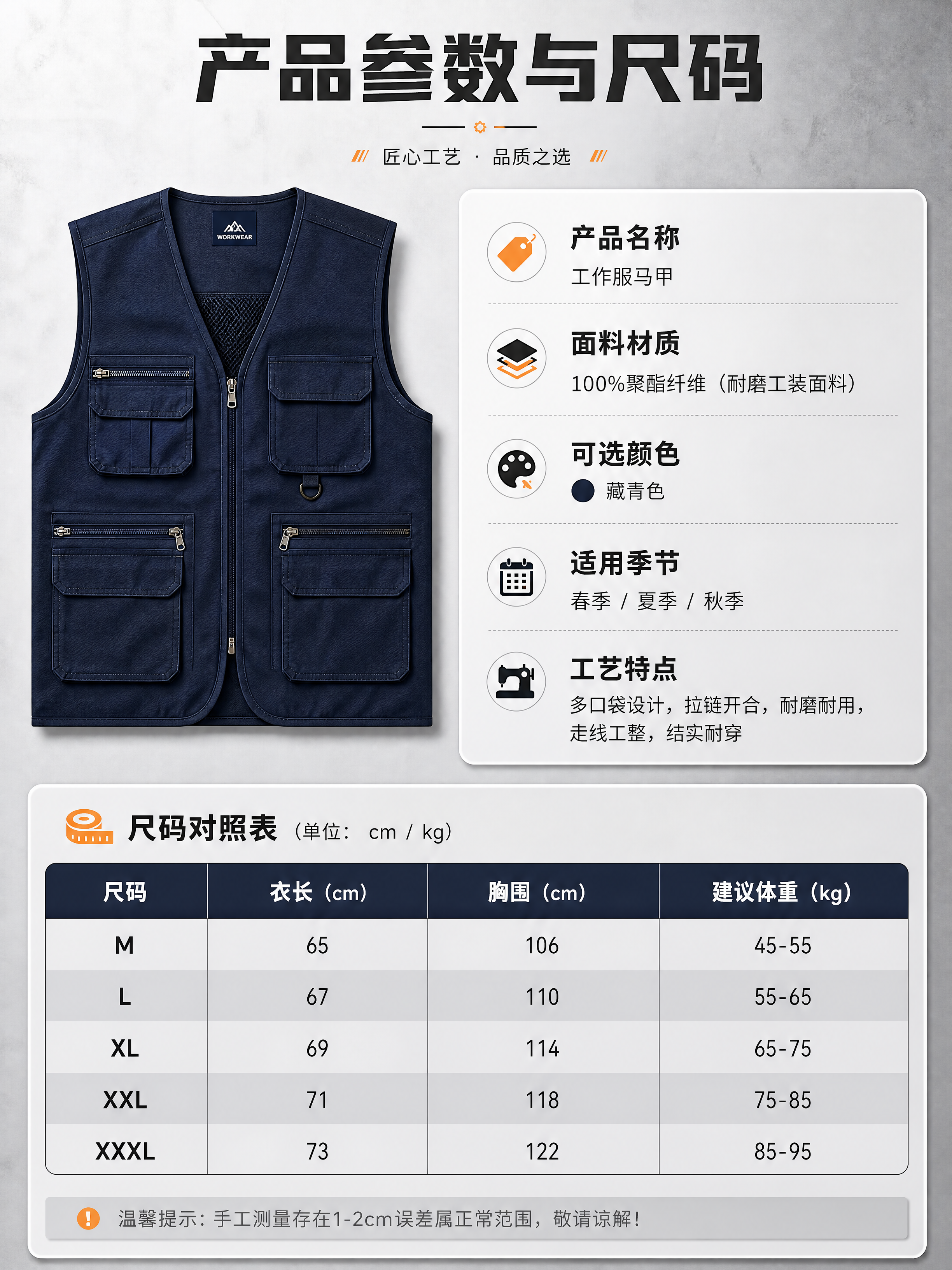 [商品] 工作服马甲定制通用模板；藏青色V领工装马甲，多口袋设… - 图片创意预览