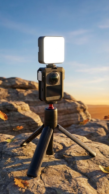 重新替换背景为户外蓝天石头场景，保持主体物理结构不变，强制保留相机、补光灯、三脚架所有组件。清除所有指纹、灰尘与瑕疵，让产品看起来崭新、洁净。调整背景的协调性，自然户外光线，光线均匀，无明显杂乱阴影，预览效果