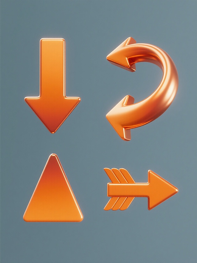 一套四个完全不同造型的箭头元素系列素材集合，保持橙色渐变金属质感、光滑曲面、亮部高光与暗部阴影的3D立体风格，规整排布于纯色背景上，箭头造型分别为：1. 直角转折箭头，2. 流线型曲线箭头，3. 三角形箭头，4. 带尾翼装饰箭头，每个箭头均具有相同的橙色渐变色调和金属光泽感，整体呈现出统一而富有变化的设计感。