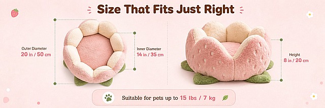 [商品] 使用【图1】草莓花瓣造型宠物窝；保留粉色渐变毛绒主体、奶白色花瓣边缘、抹茶绿色叶状底座、花瓣形围边结构、表面白色圆点装饰；商品处理：分别展示俯视图和侧视图两个角度，保持产品原貌，尺寸标注清晰准确。
[画面] 目标：双视角尺寸参数图，消解尺码顾虑。构图：左右分栏，左栏产品俯视图（从上往下看花瓣造型），右栏产品侧视图（展示高度和围边弧度）；两个视角均用细引线标注尺寸，标注线柔和不突兀；底部圆角信息卡汇总核心参数；产品占画面约60%。
[视觉] 套系策略：风格=跨境温馨极简商业摄影；标题字=圆润圆角无衬线粗体；正文字=简洁圆润无衬线体；主色=淡樱花粉；背景延展=基于淡樱花粉做浅渐变、细腻纸张质感，同色系深浅层级；强调色=抹茶绿，仅用于小面积图标、引线和标签；标题色=深暖棕；正文色=中暖灰；组件=圆角浅粉信息卡、细曲线引线、软萌圆点装饰；光影=正上方柔和暖光，均匀明亮，无硬阴影。
[文字] 顶部主标题"Size That Fits Just Right"；俯视图标注：Outer Diameter 约 20 in / 50 cm，Inner Diameter 约 14 in / 35 cm；视图标注：Height 约 8 in / 20 cm；底部信息卡：Suitable for pets up to 15 lbs / 7 kg；所有文字横排，尺寸数字清晰可读。
[规格] 亚马逊基础A+ 3:1横版，4K分辨率，英文文案；避免变形、错字、文字过小、冷蓝背景、产品颜色改变、尺寸标注混乱、比例失真。