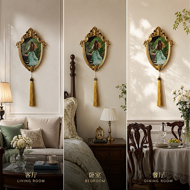 [主图-4] 树脂挂画尺寸场景适配图。
[氛围风格] 多场景展示，清晰直观。
[画质] 商业摄影质感、光线均匀通透、产品清晰真实。
[元素] 保持原产品外观尺寸比例与原图一致，分三个小画格分别展示挂画在客厅沙发背景墙、卧室床头墙面、餐厅墙面的效果，每个小画格都完整展示挂画和对应空间，光影统一。
[光影] 统一自然柔和室内光线，每个场景光影方向一致。
[配色] 保留产品原有配色，不同空间背景色调和谐统一。
[视角构图] 每个场景使用平视视角，三分屏布局满屏无边框。
[文字版式] 每个场景下方标注对应空间名称，字体为金色细体，清晰不遮挡。
[比例分辨率] 1:1 比例，4k 分辨率；文字清晰锐利，画面超高清。
[负向提示词] 变形，文字错乱，产品图模糊，背景杂乱，水印，电商平台Logo