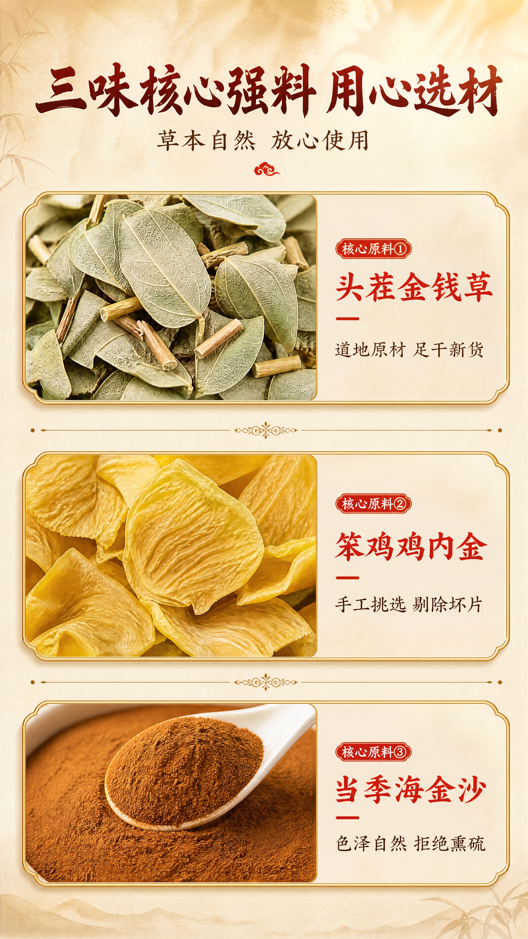 [商品] 使用【图1】三味原料，分别提取金钱草叶片、鸡内金片、… - 图片创意预览