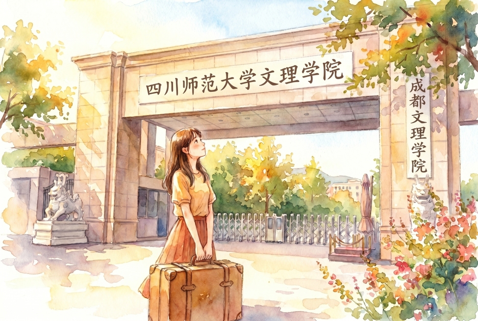 水彩绘画风格，横幅构图，校门口大门字体修改为原参考图的“四川师范大学文理学院 成都文理学院”，保留林晓拖着行李箱抬头望的场景和人物形象，保留九月阳光明媚的整体氛围和水彩风格预览效果