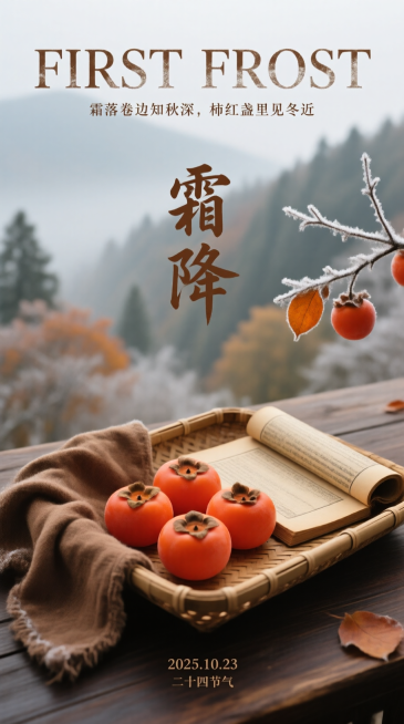 画面主体为复古竹编托盘，旁边搭着棕褐色麻巾，托盘旁放置一卷翻开的古籍书卷，托盘里放着五个橙红柿子；画面顶部用艺术字体呈现英文 “FIRST FROST”，下方小字为 “霜落卷边知秋深，柿红盏里见冬近”预览效果