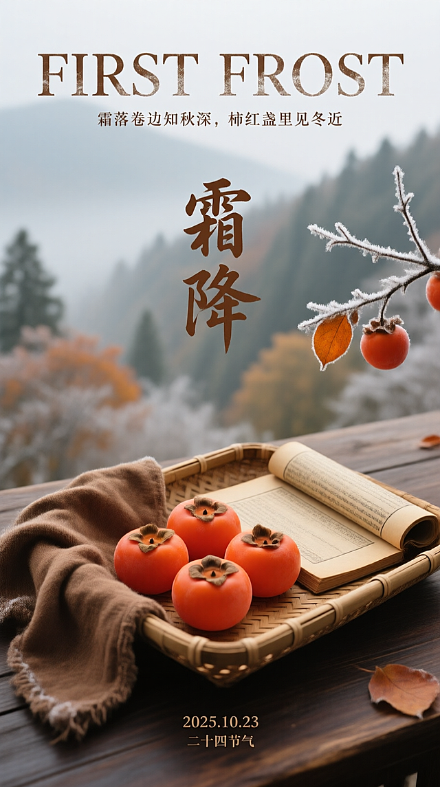 中式复古意境，水墨晕染山林雾霭，木雕质感托盘盛柿，重拟物风呈现秋天霜降实景，静谧柔和中透出质朴文艺，暖意盈怀。