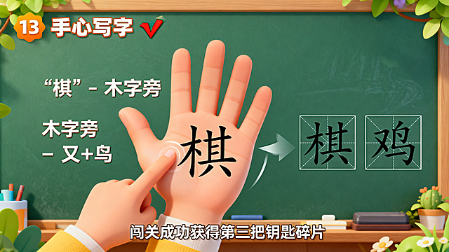 汉语拼音课程第13页，标题“手心写字 ✍️”。文字内容：在左手心用食指写“棋”和“鸡”，边写边说出笔画，“棋” – 木字旁，“鸡” – 又+鸟。页面居中展示一只张开的手掌，掌心放大写“棋”，带动态书写笔画顺序效果。右侧显示两个田字格范字“棋”和“鸡”。底部提示：闯关成功获得第三把钥匙碎片，整体风格互动适合小学教学。