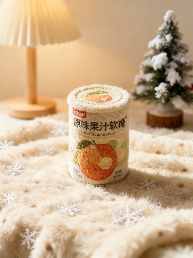 将图示商品变成毛绒绒质感，瓶身有精致刺绣文字与图案，还原商品颜色细节。放在米白色毛绒毯上（点缀雪花装饰），背景为台灯、积雪圣诞树摆件。