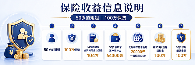 制作一张清晰的保险收益信息说明图，包含以下所有文字信息："50岁的姐姐 100万保费，54岁的时候，合同的现金价值是104万，55岁领取了第一笔年金64300元，之后每年的年金是20000元一直给到105岁，在105岁还有满期金100万，55岁以后退保金是100万"，整体排版简洁专业，适合金融理财展示