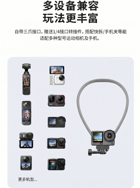 保留原图片所有文字和左侧设备展示内容，调小挂脖支架整体尺寸，让完整挂脖支架全部显示在画面内，完整展示整个环形挂脖，保持整体排版和电商风格不变，画质清晰预览效果
