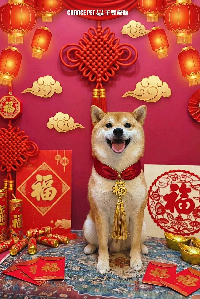 给狗狗的背景和脖子上的装饰换成新年风格的