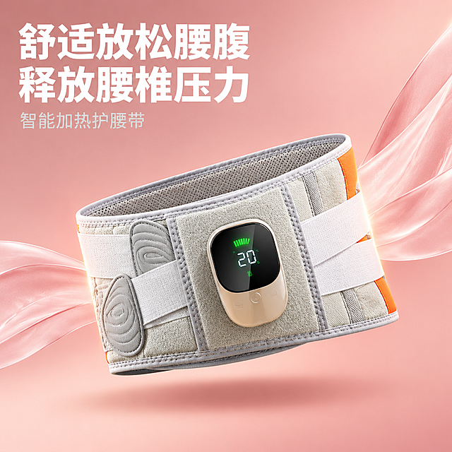 [主图-1] 商品识别与核心利益，展示加热护腰产品完整外观与核心价值。
[统一基调] 淘宝/天猫专业品质风格，暖粉渐变背景，主标题白色粗体大字，辅助文字浅灰色，强调色为暖橙色，字体为现代无衬线体，圆角卡片样式，整体温暖舒适科技感。
[画面] 产品正面45度视角完整展示，主体占画面约70%，位于画面中心偏下位置。护腰带为浅灰色主体搭配白色绑带和橙色装饰条，中间控制面板带数字显示屏显示温度数值，屏幕发出柔和绿光。产品自然悬浮于暖粉色渐变背景中，下方有柔和接触阴影。背景为浅粉到深粉的柔和渐变，右侧有飘逸的半透明粉色丝绸状装饰元素增加动感。画面左上角放置主标题大字，右上角留白。
[光影质感] 商业摄影质感，柔和正面主光，左侧辅光，产品表面织物纹理清晰，控制面板有轻微高光反射，阴影柔和自然，整体光线温暖均匀。
[配色] 背景主色暖粉色渐变，产品主体浅灰+白+橙，标题白色，强调色暖橙色，整体色调温暖舒适。
[文字版式] 左上角主标题分两行：第一行"舒适放松腰腹"，第二行"释放腰椎压力"，白色粗体大字，字号大且醒目。标题下方小字副标题"智能加热护腰带"，浅灰色小号字体。文字不遮挡产品主体。
[输出要求] 1:1正方形比例，2048*2048像素，文字清晰可读，产品清晰完整，无变形，无错字，无水印，无平台Logo，无多余杂乱元素。