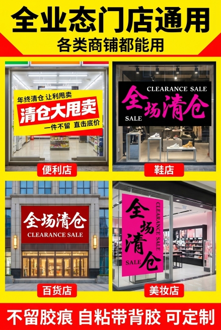 2:3竖版电商详情第八屏，爆炸促销风视觉设计，多场景拼合展示。字体采用无衬线极简字体，分栏模块化排版。主标题：全业态门店通用，副标题：各类商铺都能用。画面分四个小格展示不同门店场景：便利店、鞋店、百货预览效果
