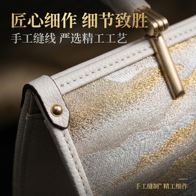 基于原图产品，对新中式国风鎏金山水织锦提花手提包的包身边线、手工拼接、五金连接处做超近距离特写，精准捕捉缝线拼接细节，严格保留产品所有细节。尺寸比例1:1竖版。添加文字：画面左上角主标题"匠心细作 细预览效果