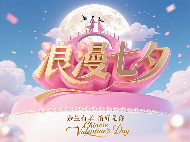 海报设计，粉色海报设计风格，3D立体主题字“浪漫七夕”，居中正视图，对称仰视构图，三层厚度巨大字体，金色立体字，背景是圆圆的月亮映衬着牛序和织女鹊桥相会的场影，前景设置一朵朵白云飘向天空，添加粒子光效与动态模糊技术，底部设置珠光白渐变区域标注，手写字体"余生有幸 恰好是你"，金色字，往下流体字“Chinese Valentine's Day”，金色字