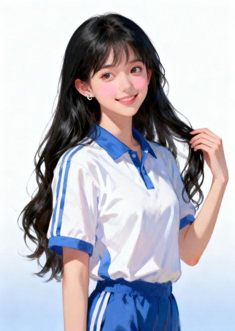 人物立绘，写实厚涂插画风格，纯色背景，极简渐变，光影细腻。十七岁明媚高中少女祝好，穿合身蓝白校服，站姿舒展。长发及腰黑亮微卷，左耳藏着银色耳钉，皮肤白皙透粉，杏眼弯弯眼尾上挑，嘴角带笑，侧头望向画外，预览效果