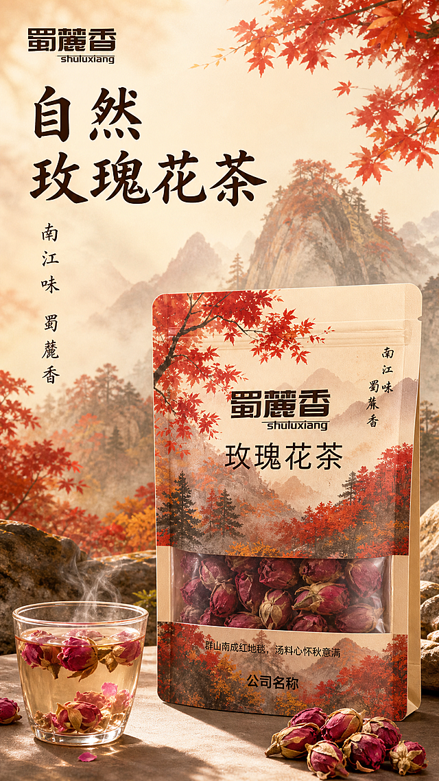 [第1屏] 详情页头图-玫瑰花茶产品宣传海报。
[氛围/风格] 新中式国风雅致氛围，暖红棕色调，参考提供的红叶国风模板风格，商业质感，自然清新有茶香氛围感。
[元素布局] 玫瑰花茶产品包装放置在画面偏中下区域，占据画面主体约65%大小。保持产品包装品牌蜀麓香的字体排版结构和红色枫叶的背景元素，将原汤料文字替换为玫瑰花茶，保留整体的新中式山水红枫背景风格。前景可添加几朵干燥玫瑰花和透明玻璃杯点缀，背景保留远山红枫的国风景观。整体无边框满铺。
[光影质感] 左上方柔和主光照亮产品包装，背景远山保留自然朦胧层次感，整体画面温暖通透，产品边缘清晰真实。
[配色色系] 全局底色：#F9E8D0（暖米黄）；主体配色：#B82E2E（枫叶红）+#4A2E21（文字棕）+#F0AA50（浅橙）；辅助色：#8B4513（深棕）+#FFFFFF（文字留白）。
[视角构图] 正面平视，产品包装位于画面中下偏右区域，上方预留完整标题区域，背景干净但有中式设计感。
[文字版式] 上方保留原图排版结构：左上角保留小号品牌标识蜀麓香 shuluxiang，主标题「自然玫瑰花茶」两行深棕字，左对齐，字号为画面宽度8%-10%，不超过顶部区域高度25%，标题右侧和下方留白；标题下方小字竖排「南江味 蜀麓香」，棕色适度书法字体，字距略宽，字号约主标题30%-40%，底部预留公司名称位置。布局保持原图左上标题+标题下小字+下方产品框+底部文字的结构，文字不遮挡产品主体。字形选择：标题适度书法字体，正文同家族书法字体；字色只使用深棕一种；字效统一纯色填充；风格统一中式排版。
[比例分辨率] 9:16 竖版比例，2k 分辨率，文字清晰可辨，超高清。
[负向提示词] 包装变形，文字错乱，颜色偏差，水印，产品图模糊，背景杂乱，文案位置错误。